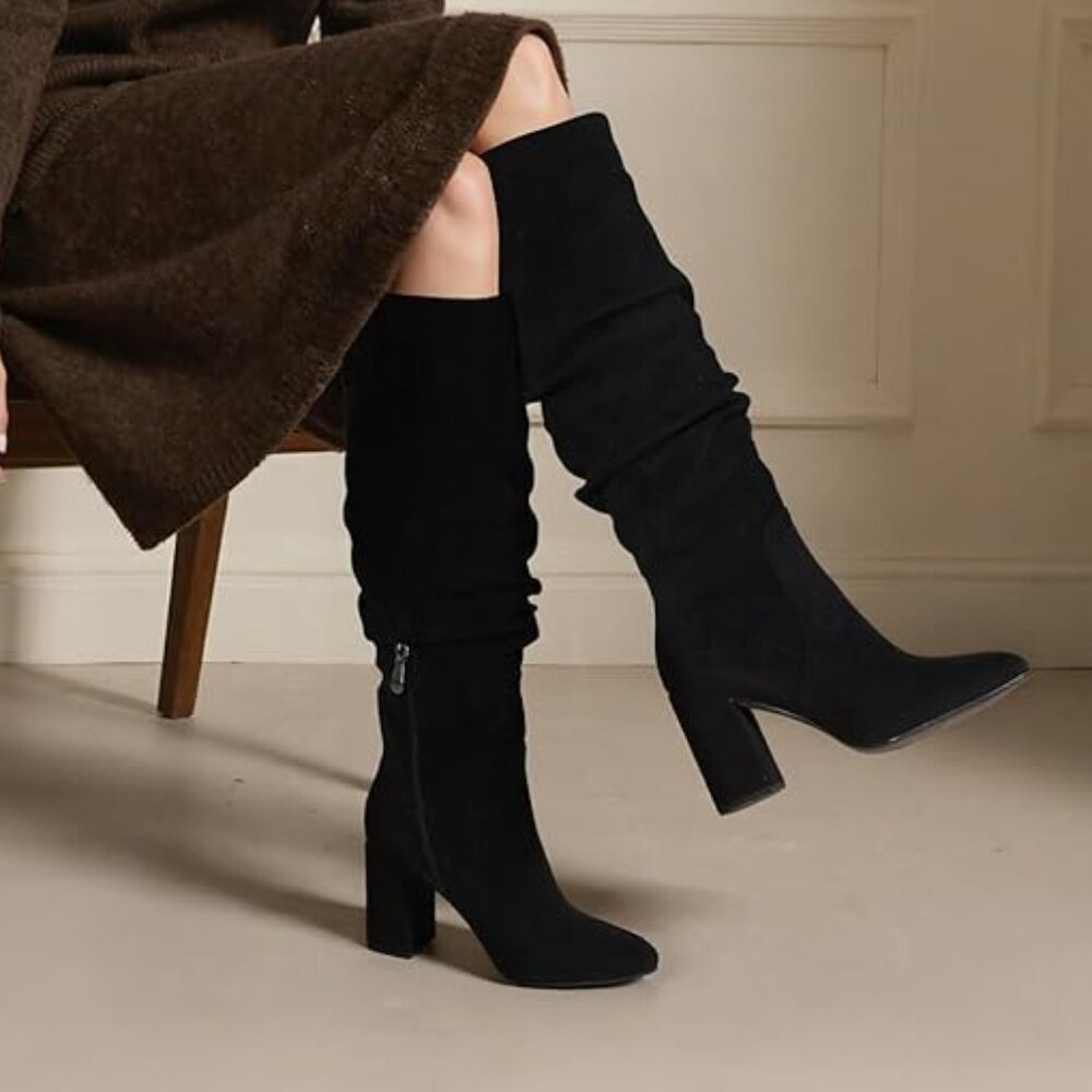 Black Knee High Boots Womens Wide Calf Suede Tall Booties Pointed Toe Slouchy